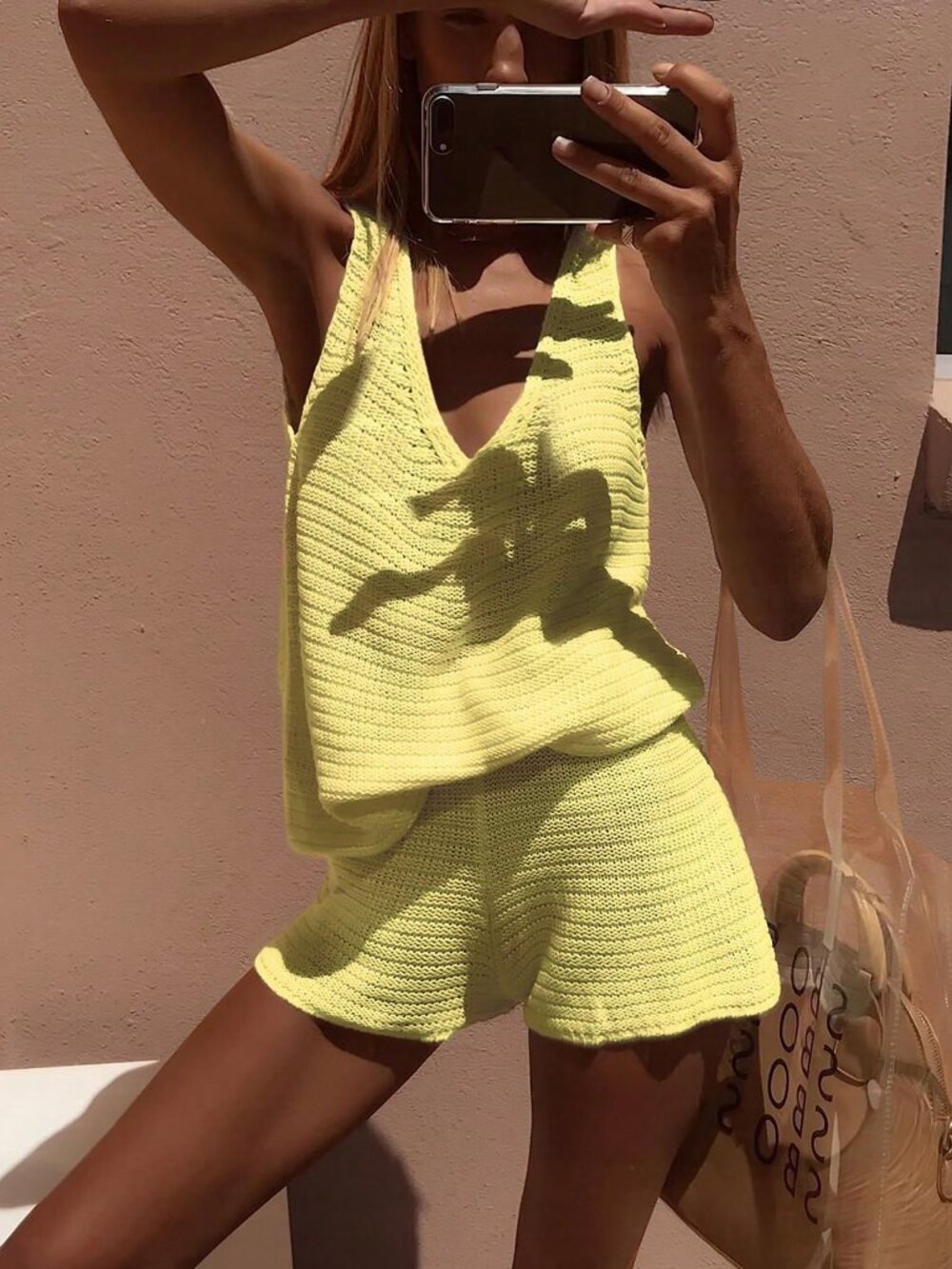 Yellow Sexy Women's Knit Top And Shorts coord  Set